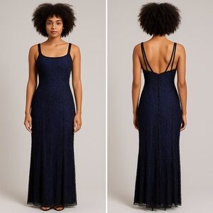 Vintage Sean Collection Silk & Beaded Evening Gown Size M Navy Formal Maxi Dress